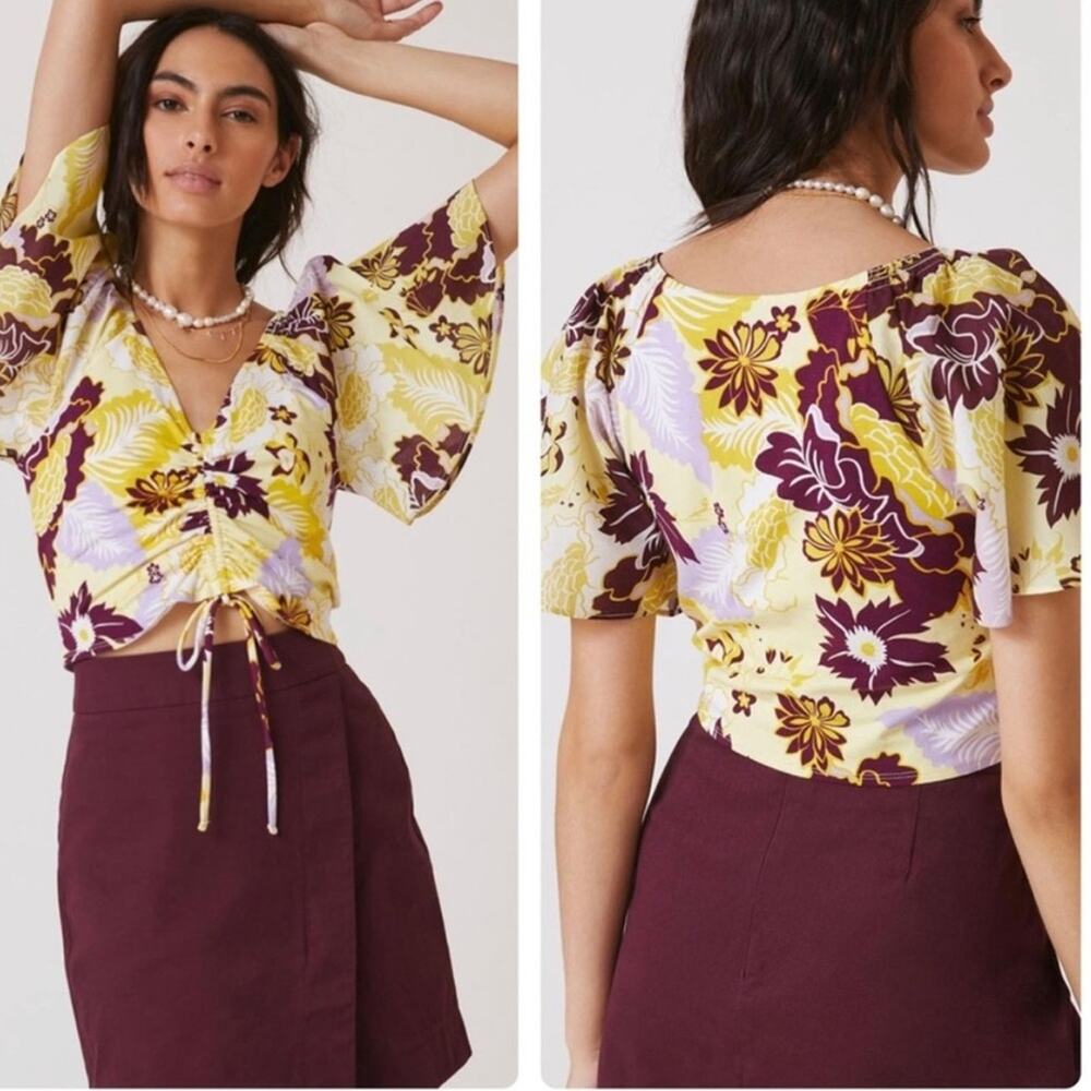 Maeve Cinched Flutter-Sleeve Top Yellow Motif